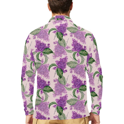 Lilac Pattern Print Design LI02 Long Sleeve Polo Shirt For Men's