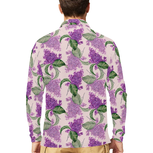 Lilac Pattern Print Design LI02 Long Sleeve Polo Shirt For Men's