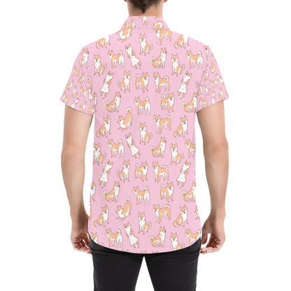 Shiba Inu Print Design LKS303 Men Short Sleeve Button Up Shirt