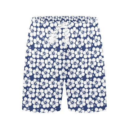 Hibiscus Blue Hawaiian Flower Pattern Men's Swim Trunks Beach Shorts