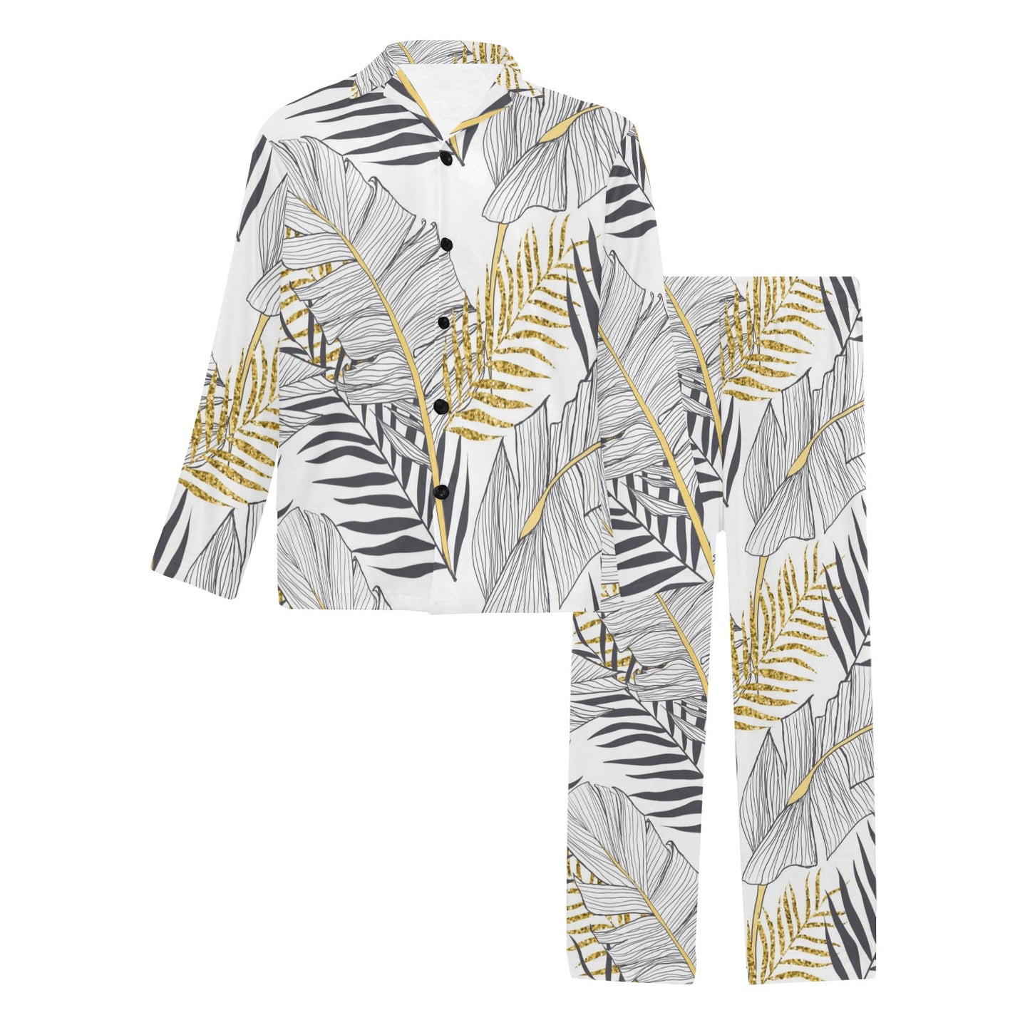 Gold Glitter Tropical Palm Leaves Men's Long Pajama Set