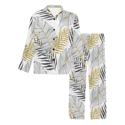 Gold Glitter Tropical Palm Leaves Men's Long Pajama Set