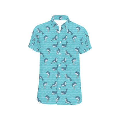 Whale Print Design LKS303 Men Short Sleeve Button Up Shirt