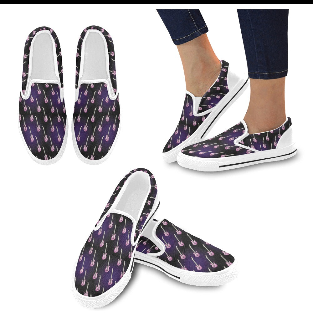 Electric Guitar Print Design LKS405 White Slip Ons Canvas Women's Shoes