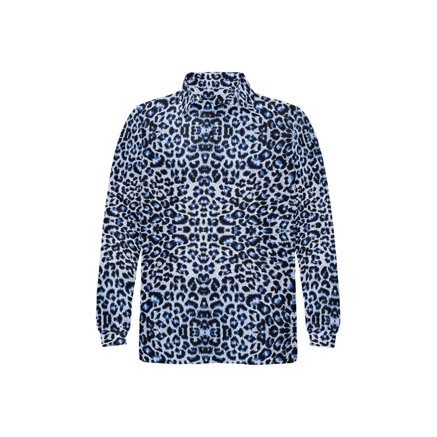 Leopard Blue Skin Print Long Sleeve Polo Shirt For Men's