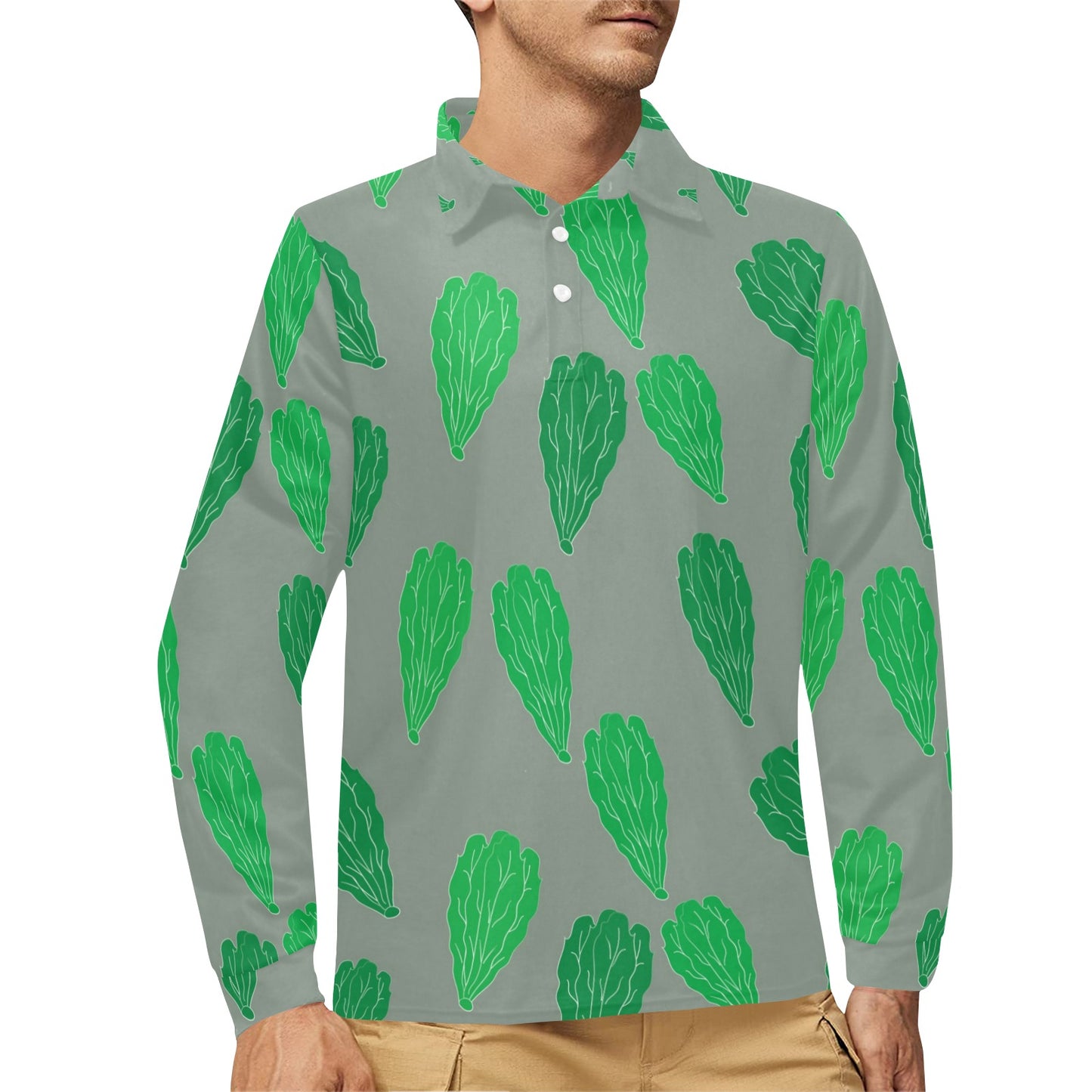 Lettuce Pattern Print Design 02 Long Sleeve Polo Shirt For Men's