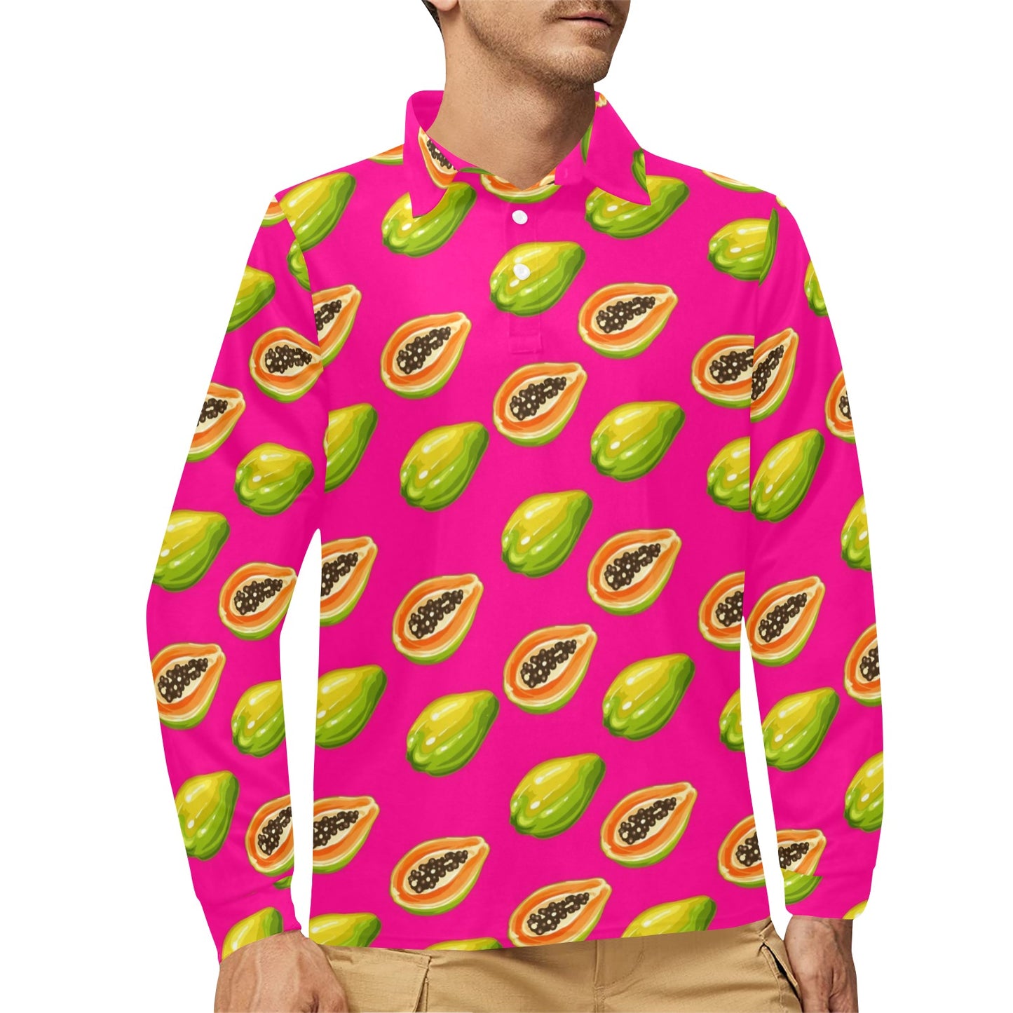 Papaya Pattern Print Design PP02 Long Sleeve Polo Shirt For Men's