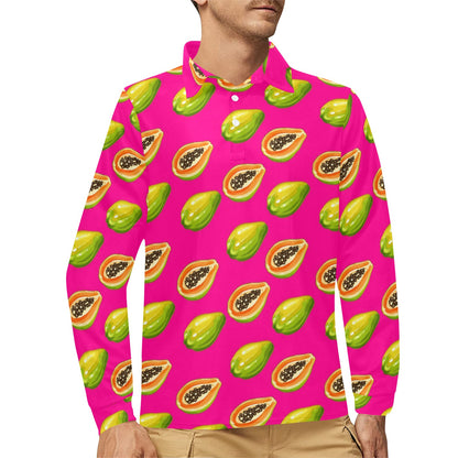 Papaya Pattern Print Design PP02 Long Sleeve Polo Shirt For Men's
