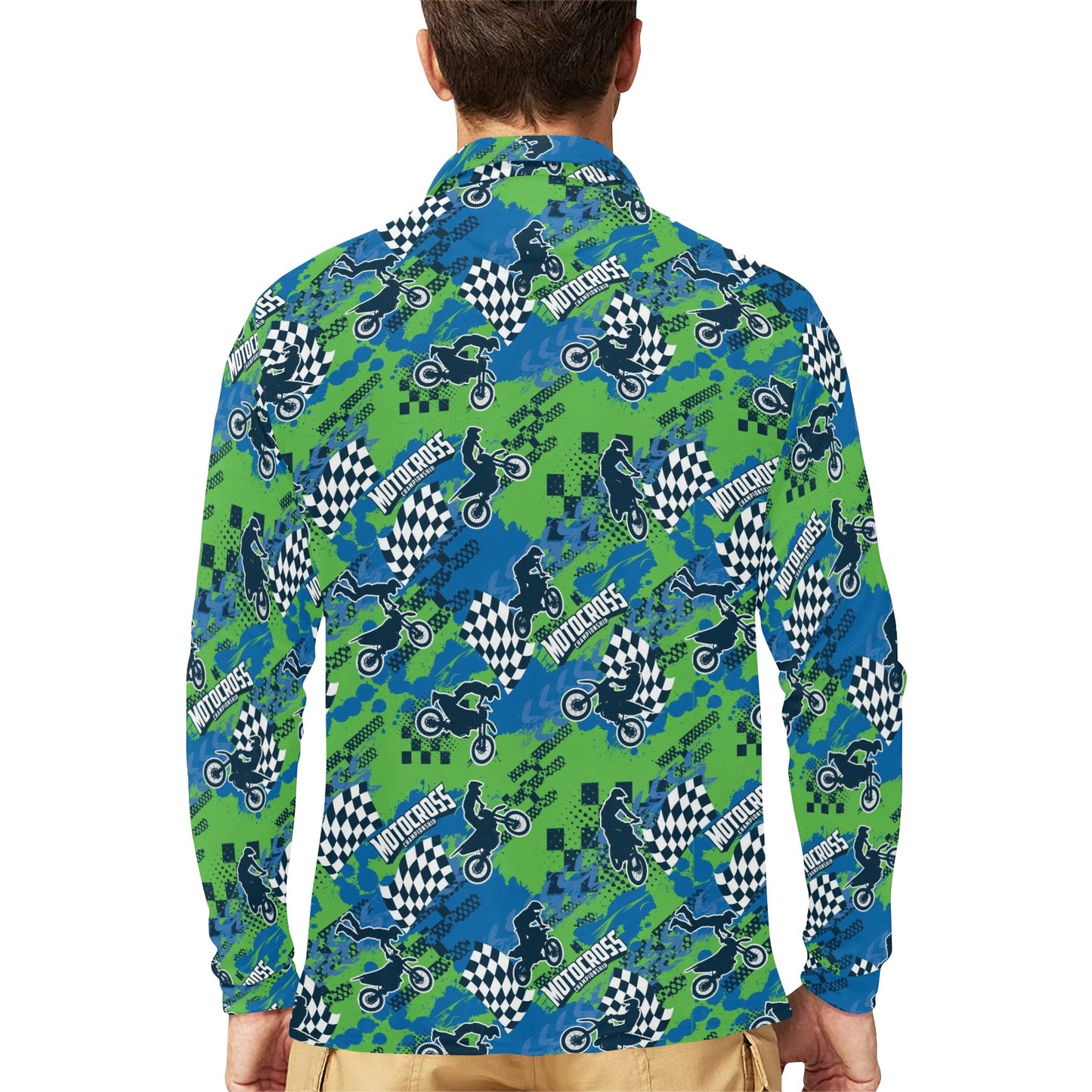 Motocross Pattern Print Design 04 Long Sleeve Polo Shirt For Men's