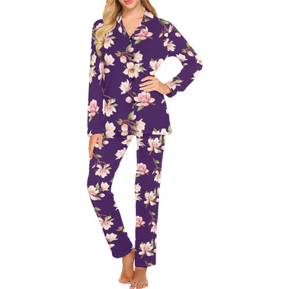 Magnolia Pattern Print Design MAG02 Women's Long Pajama Set