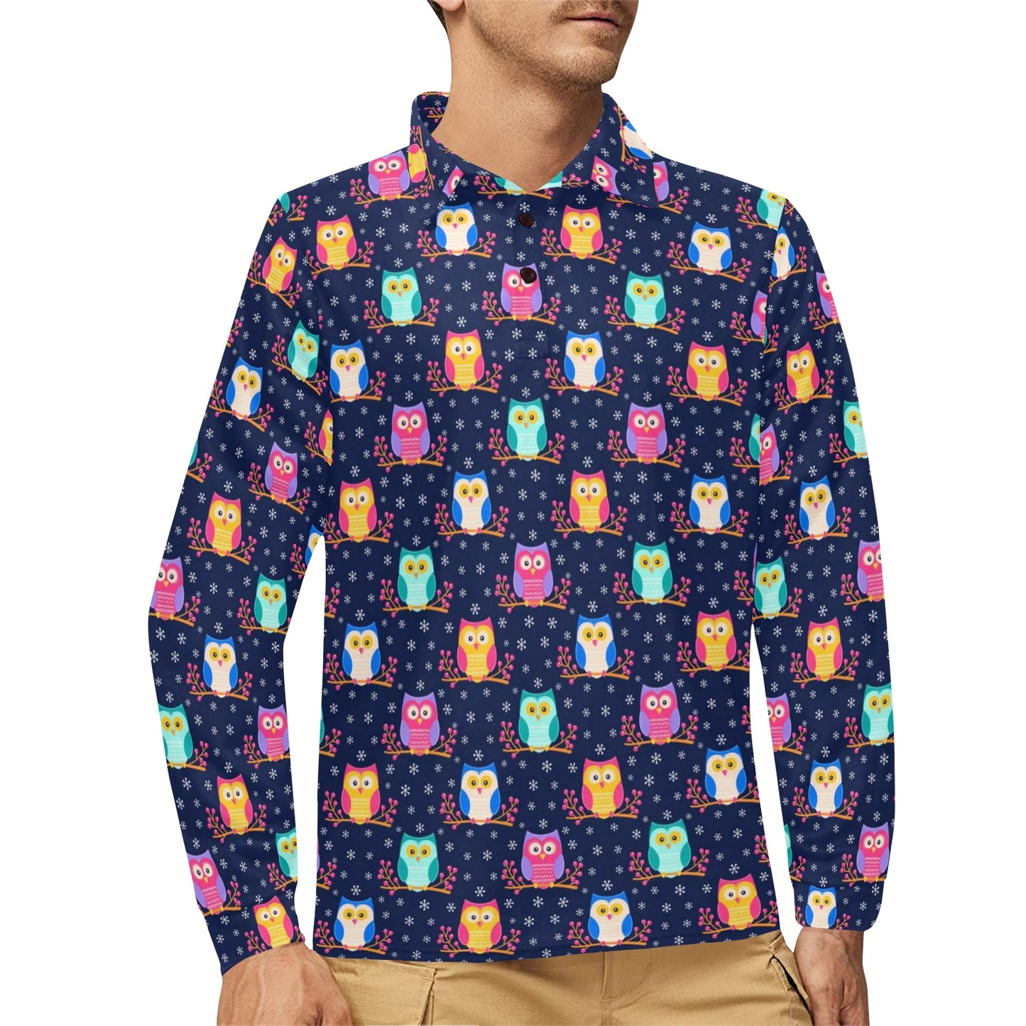 Owl Cute Themed Design Print Long Sleeve Polo Shirt For Men's