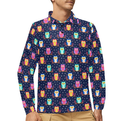 Owl Cute Themed Design Print Long Sleeve Polo Shirt For Men's