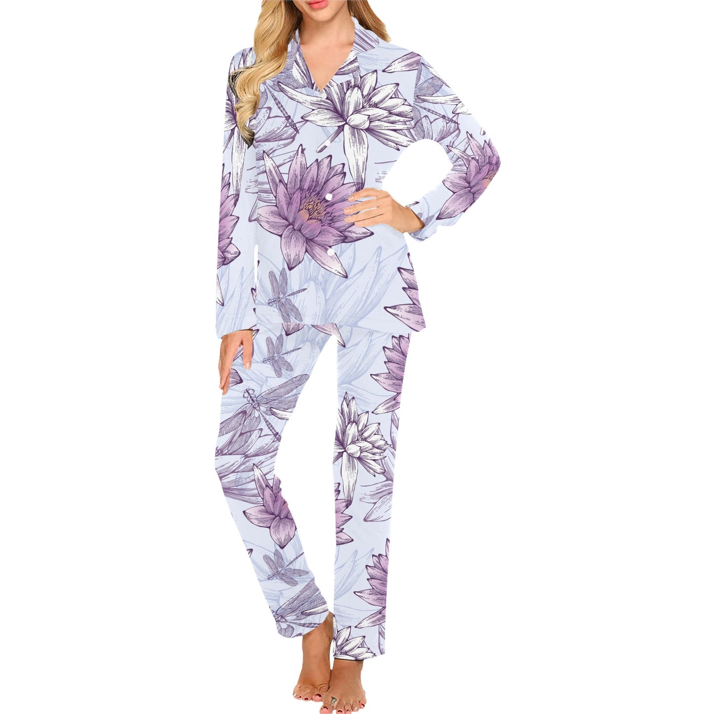 Water Lily Pattern Print Design WL01 Women's Long Pajama Set