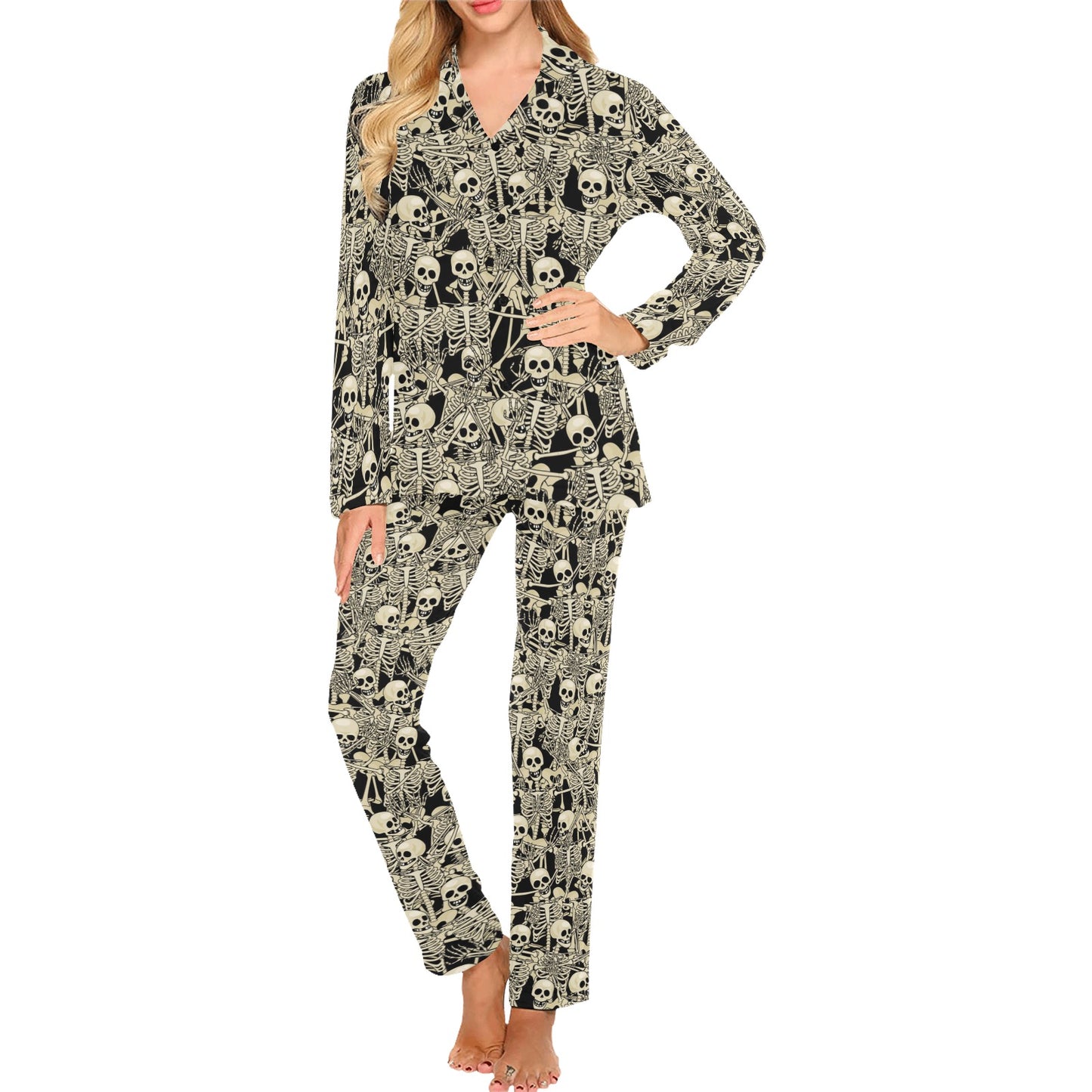 Skeleton Design Print Women's Long Pajama Set