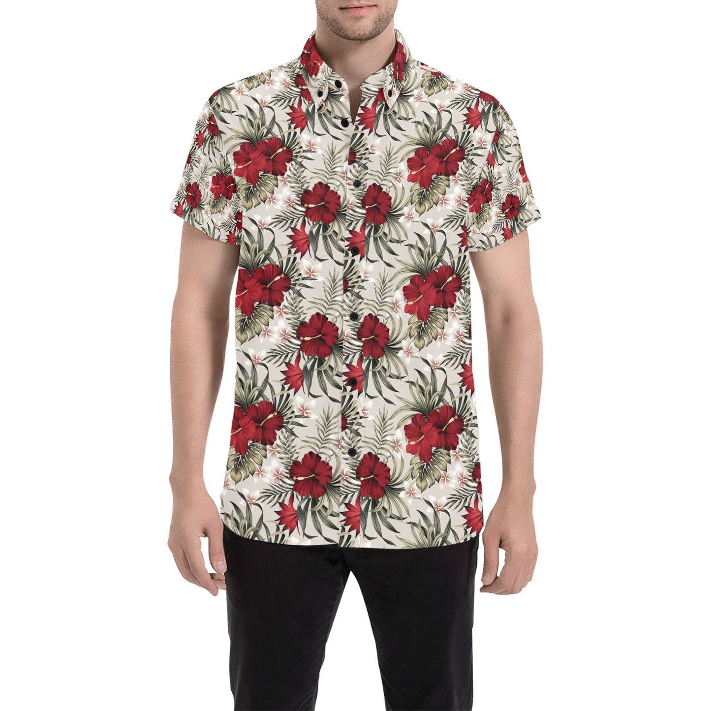 Hibiscus Print Design LKS3011 Men Short Sleeve Button Up Shirt