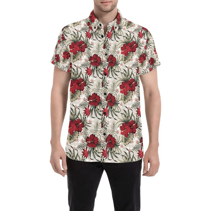 Hibiscus Print Design LKS3011 Men Short Sleeve Button Up Shirt