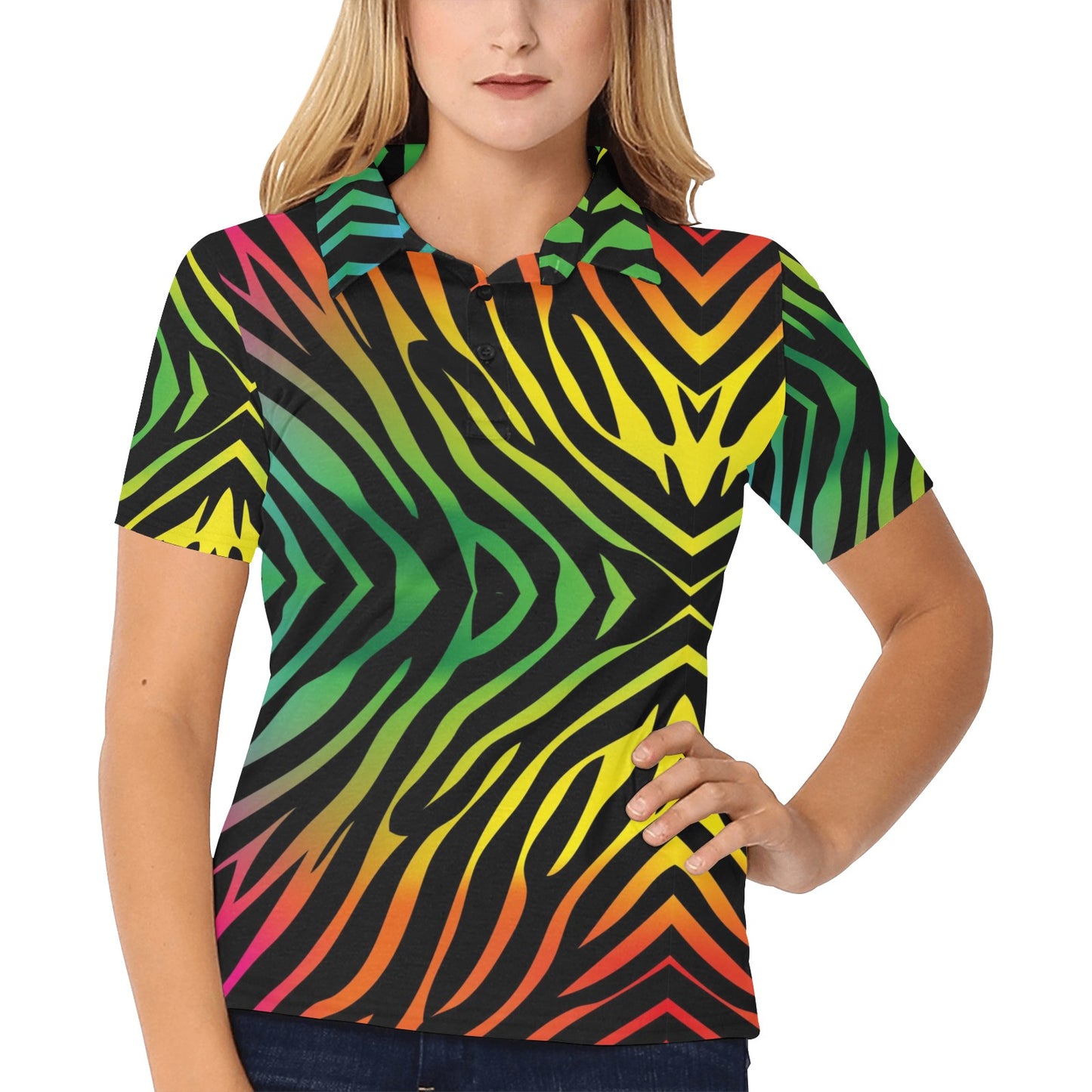 Rainbow Zebra Themed Print Women's Polo Shirt