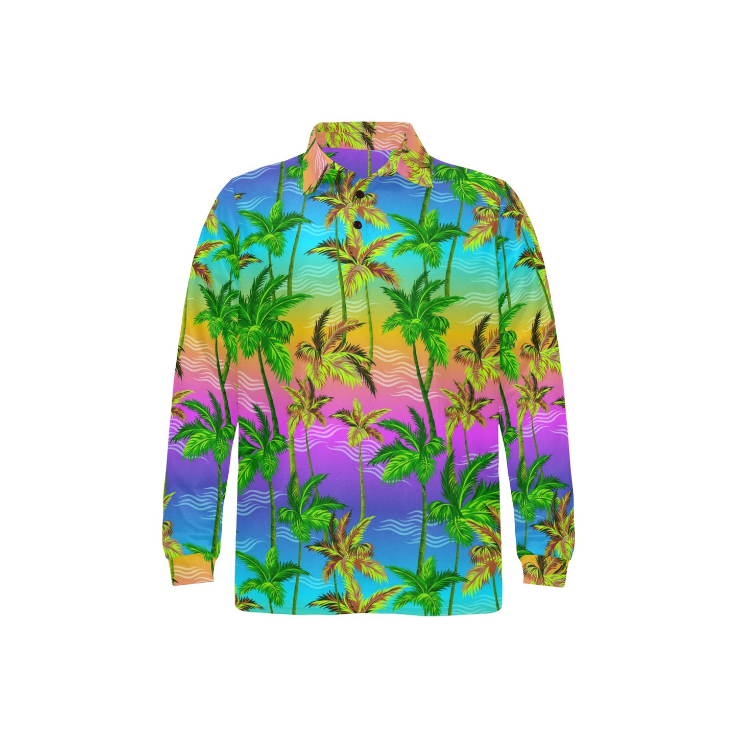 Palm Tree Rainbow Pattern Long Sleeve Polo Shirt For Men's