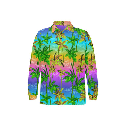 Palm Tree Rainbow Pattern Long Sleeve Polo Shirt For Men's