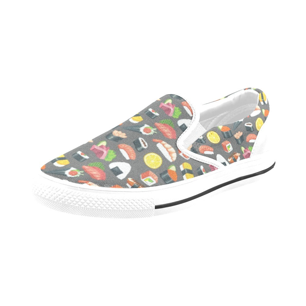 Sushi Print Design LKS302 White Slip Ons Canvas Women's Shoes