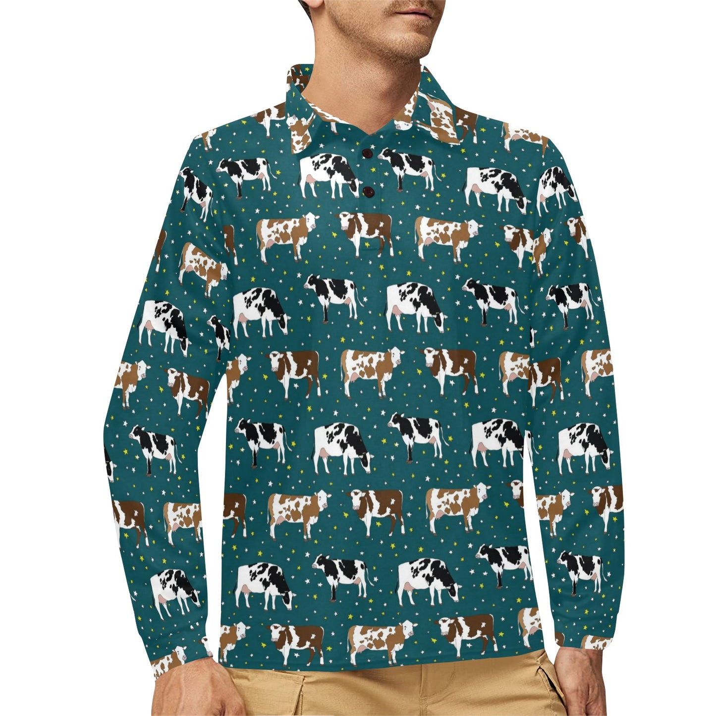 Cattle Print Design LKS404 Long Sleeve Polo Shirt For Men's