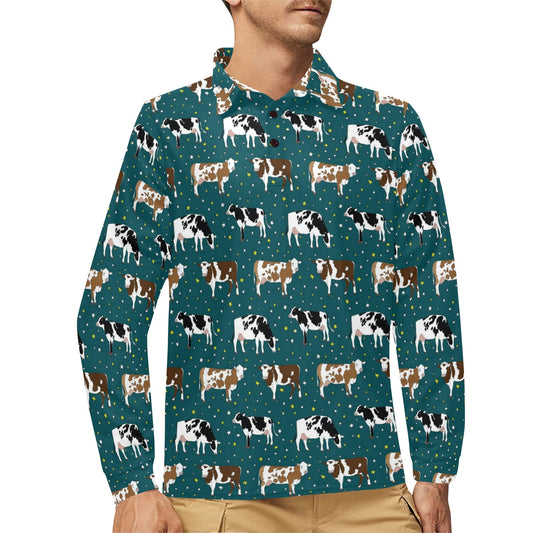 Cattle Print Design LKS404 Long Sleeve Polo Shirt For Men's