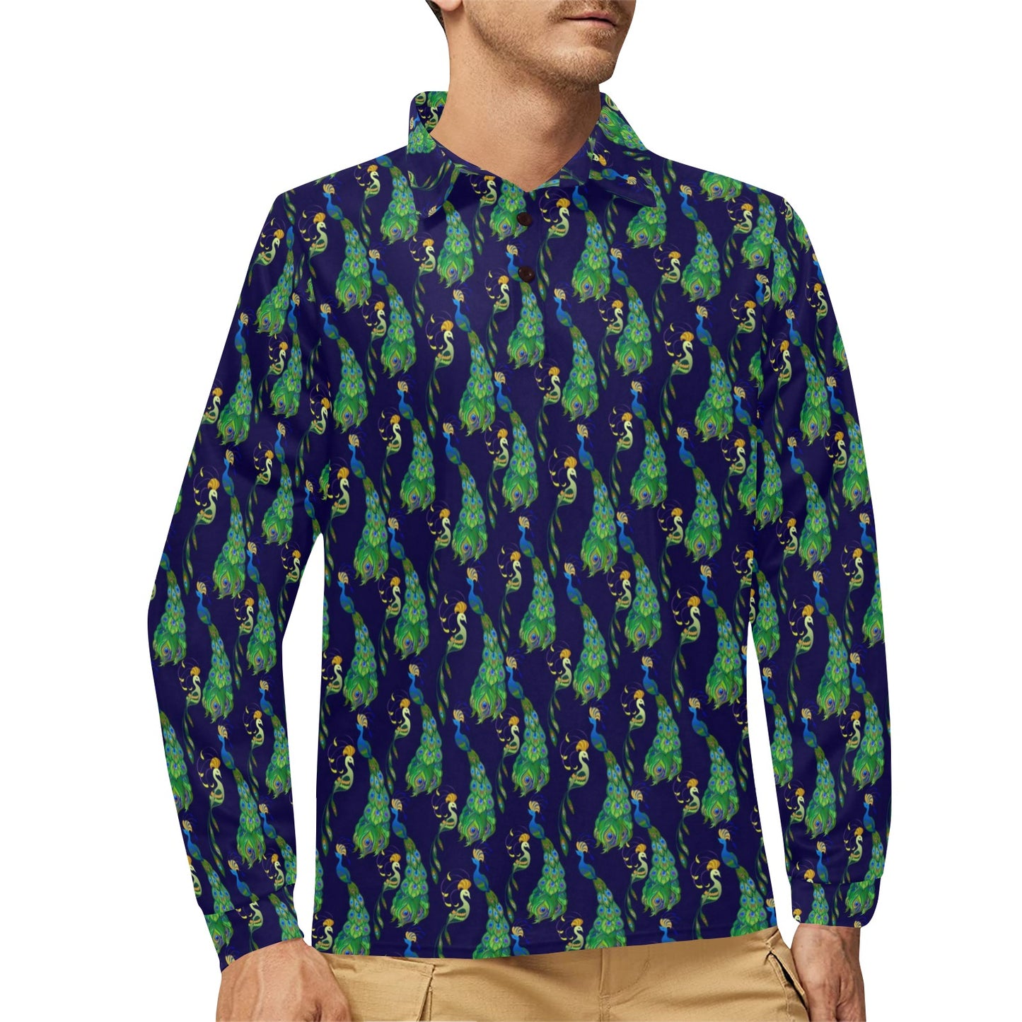 Peacock Art Design Print Long Sleeve Polo Shirt For Men's