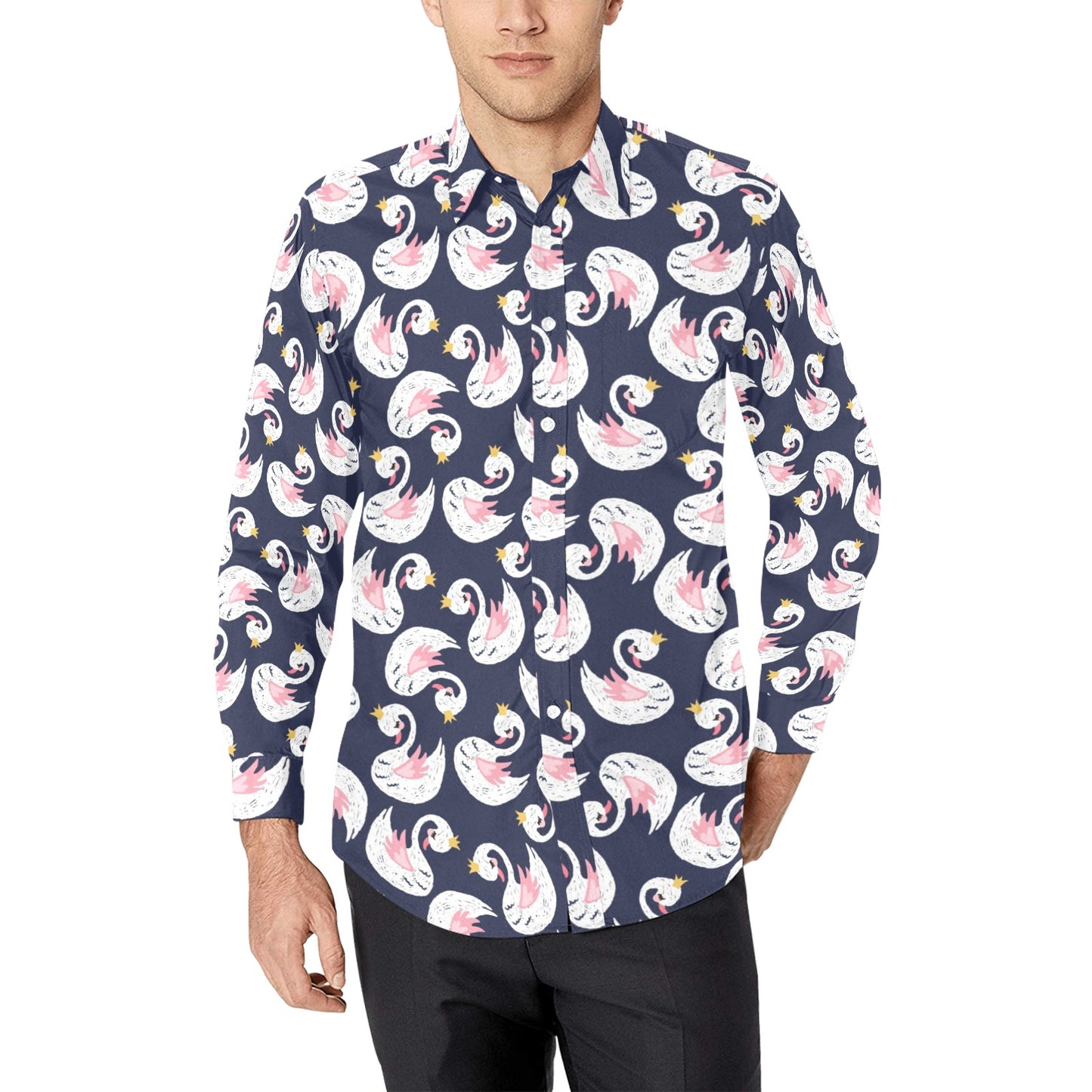 Swan Print Design LKS403 Men's Long Sleeve Dress Shirt