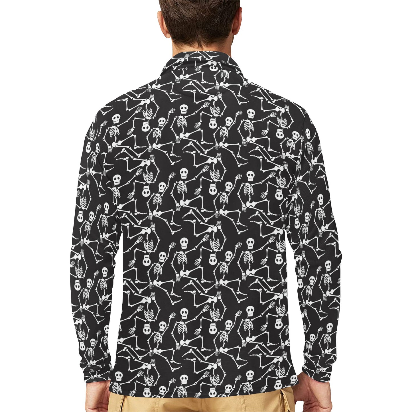 Skeleton Themed Print Long Sleeve Polo Shirt For Men's