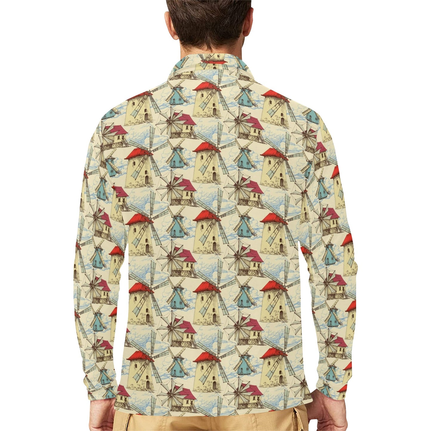 Windmill Pattern Print Design 01 Long Sleeve Polo Shirt For Men's