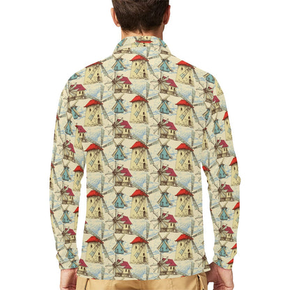 Windmill Pattern Print Design 01 Long Sleeve Polo Shirt For Men's