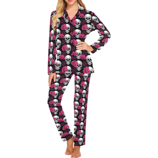 Pink Rose Skull Themed Print Women's Long Pajama Set