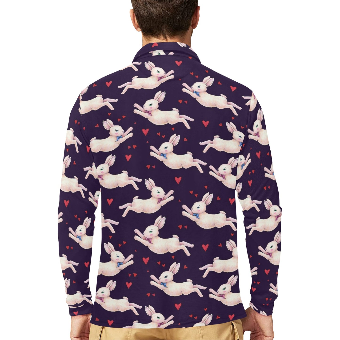 Rabbit Pattern Print Design RB016 Long Sleeve Polo Shirt For Men's