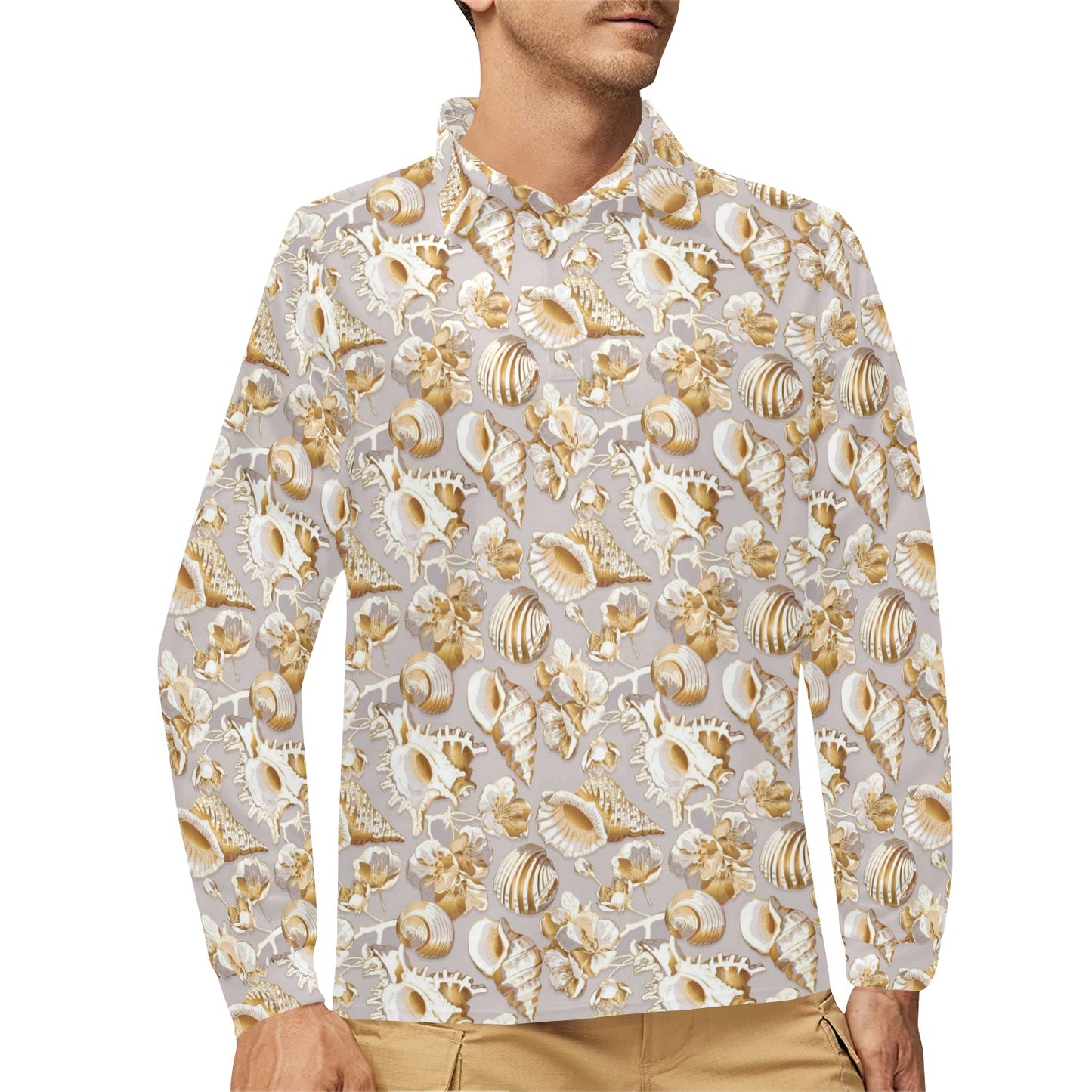 Seashell Print Design LKS309 Long Sleeve Polo Shirt For Men's