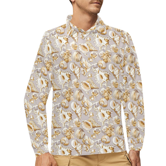Seashell Print Design LKS309 Long Sleeve Polo Shirt For Men's