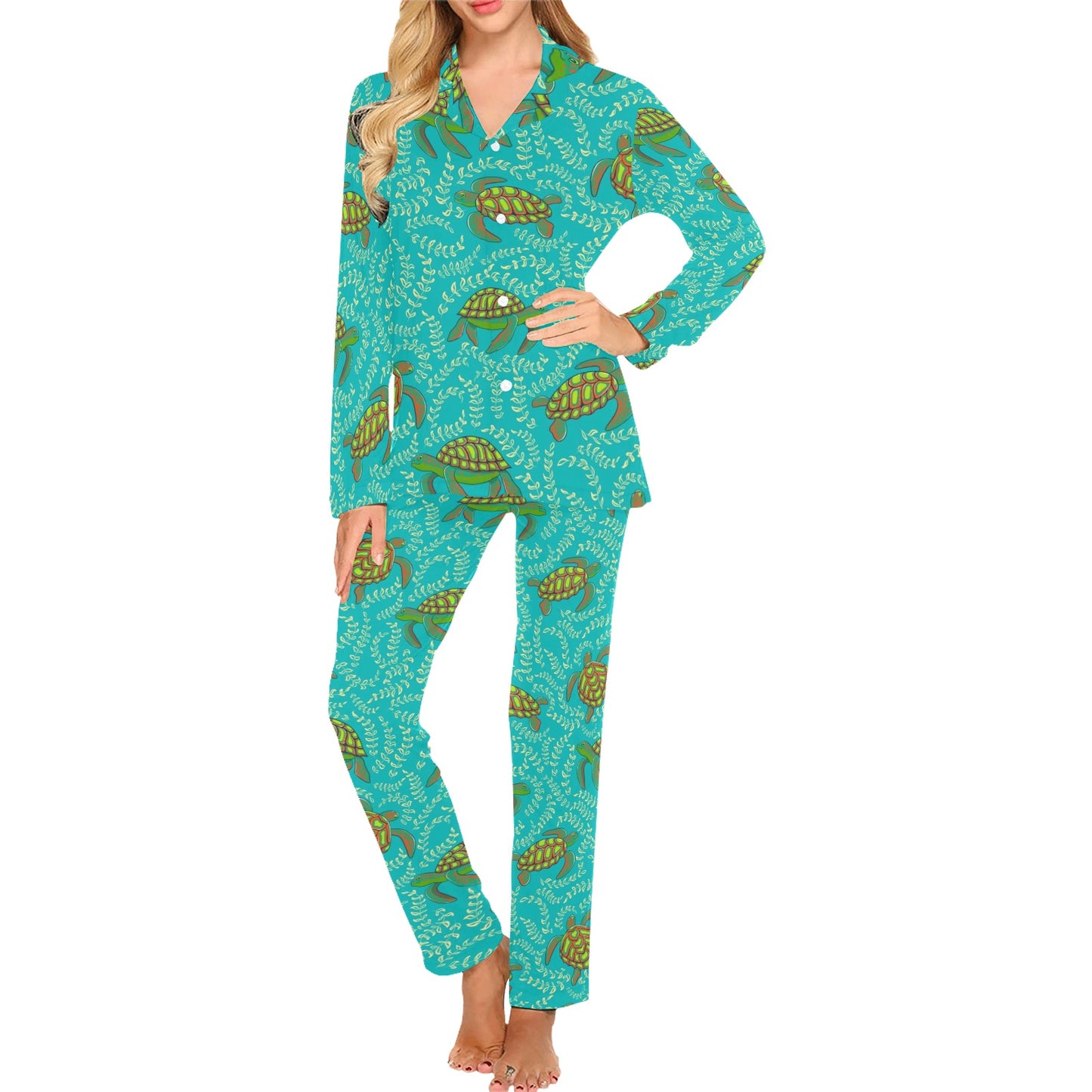 Sea Turtle Pattern Print Design T010 Women's Long Pajama Set