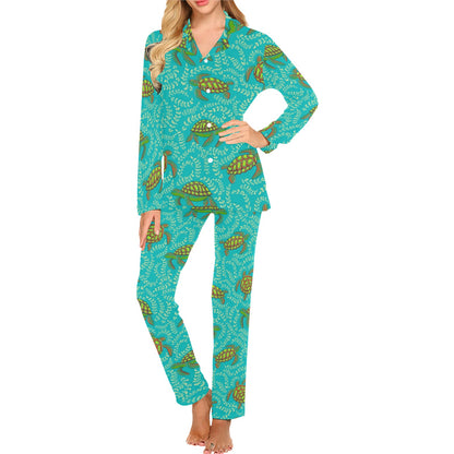 Sea Turtle Pattern Print Design T010 Women's Long Pajama Set