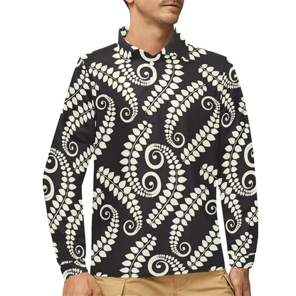 Fern Leave Print Pattern Long Sleeve Polo Shirt For Men's