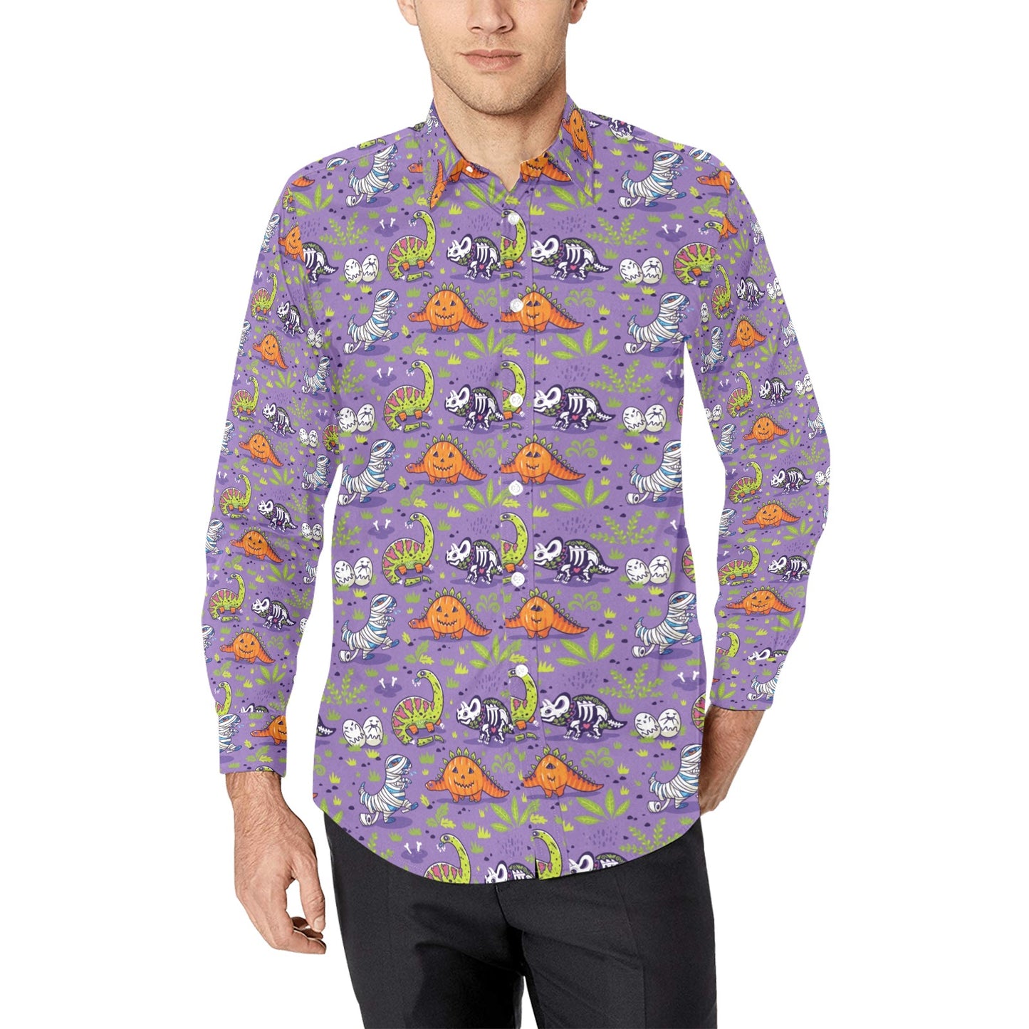 Zombie Dinosaur Print Design LKS302 Men's Long Sleeve Dress Shirt
