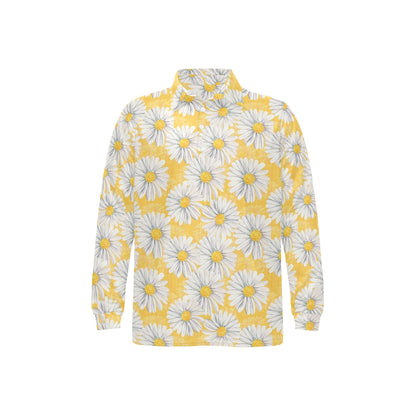 Daisy Yellow Watercolor Print Pattern Long Sleeve Polo Shirt For Men's