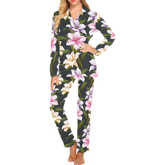 Lily Pattern Print Design LY01 Women's Long Pajama Set