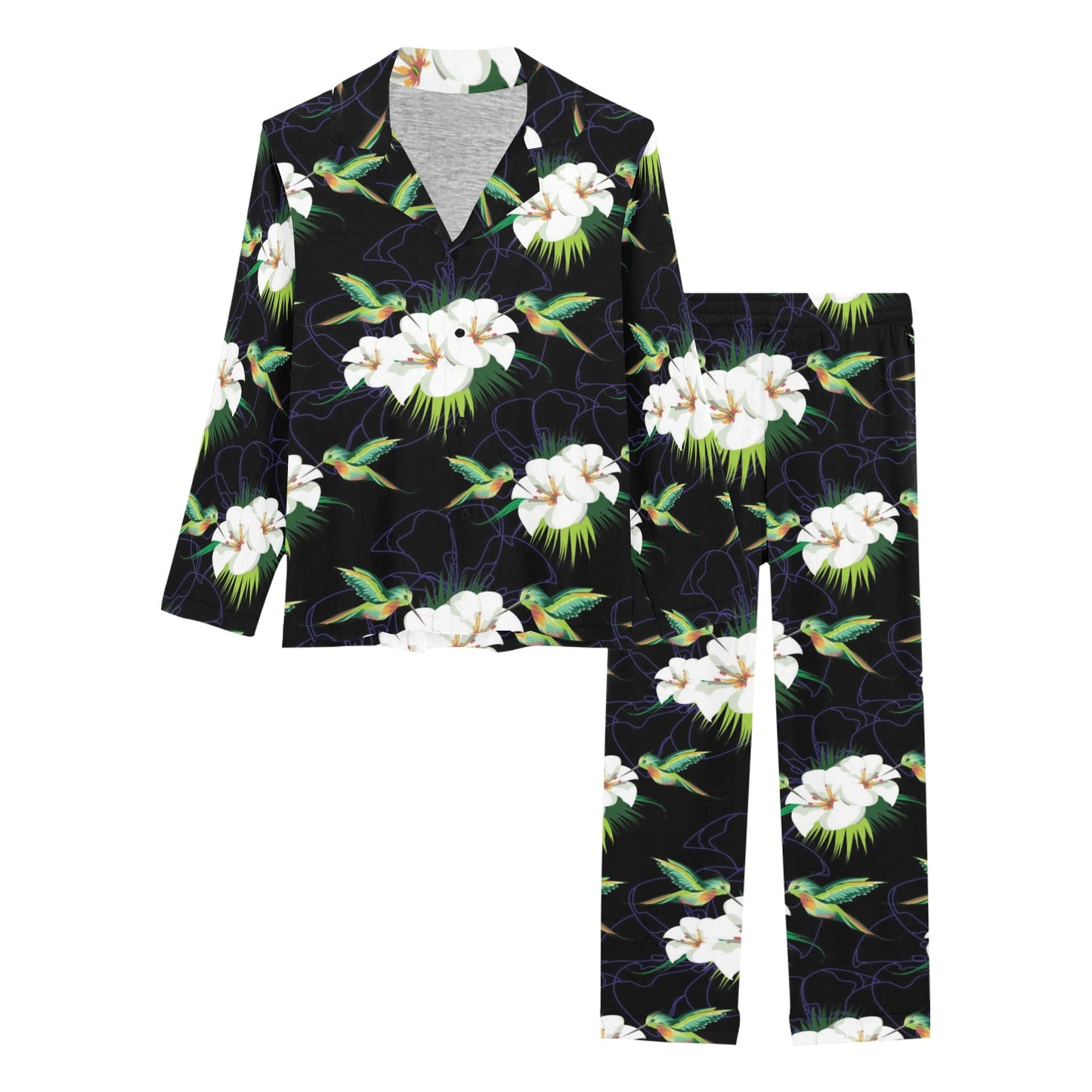 Hummingbird with Flower Pattern Print Design 03 Women's Long Pajama Set