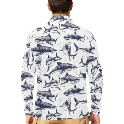Great White Shark Pattern Print Design 02 Long Sleeve Polo Shirt For Men's