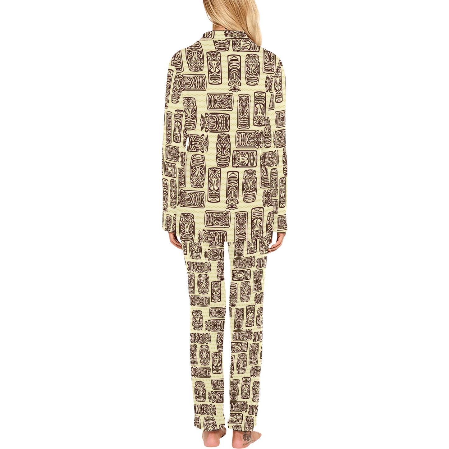 Tiki Brown Mask Print Women's Long Pajama Set