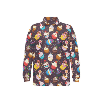Cupcakes Party Print Pattern Long Sleeve Polo Shirt For Men's