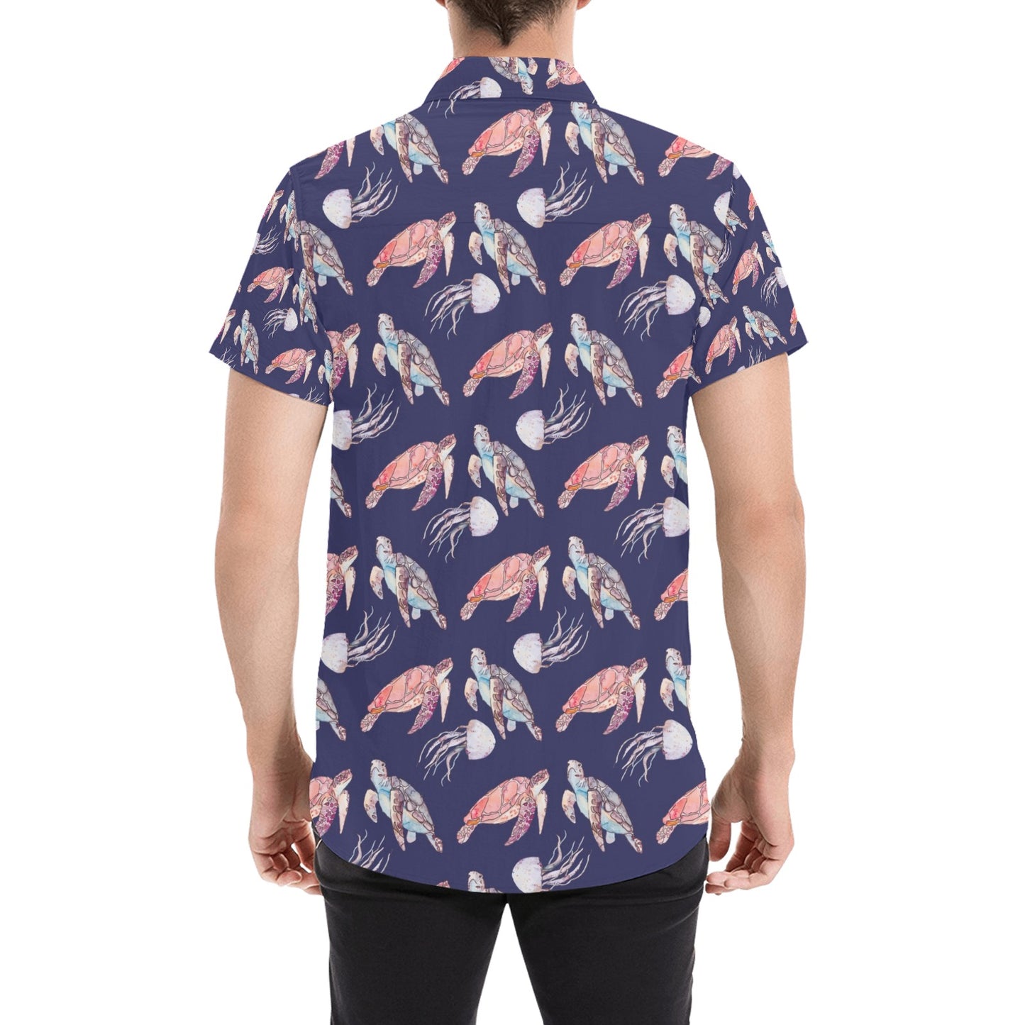 Sea Turtle With Jelly Fish Print Design LKS301 Men Short Sleeve Button Up Shirt