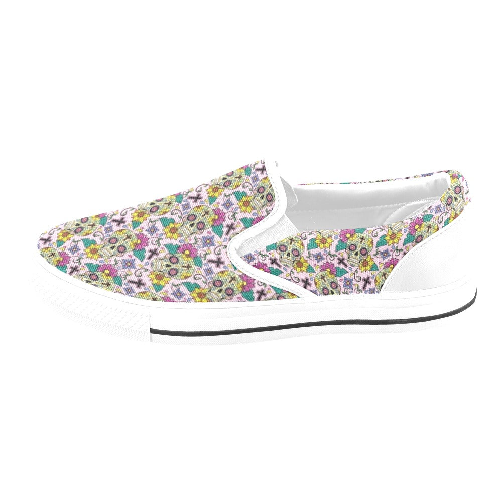 Sugar Skull Print Design LKS307 White Slip Ons Canvas Women's Shoes