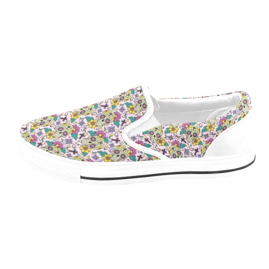 Sugar Skull Print Design LKS307 White Slip Ons Canvas Women's Shoes