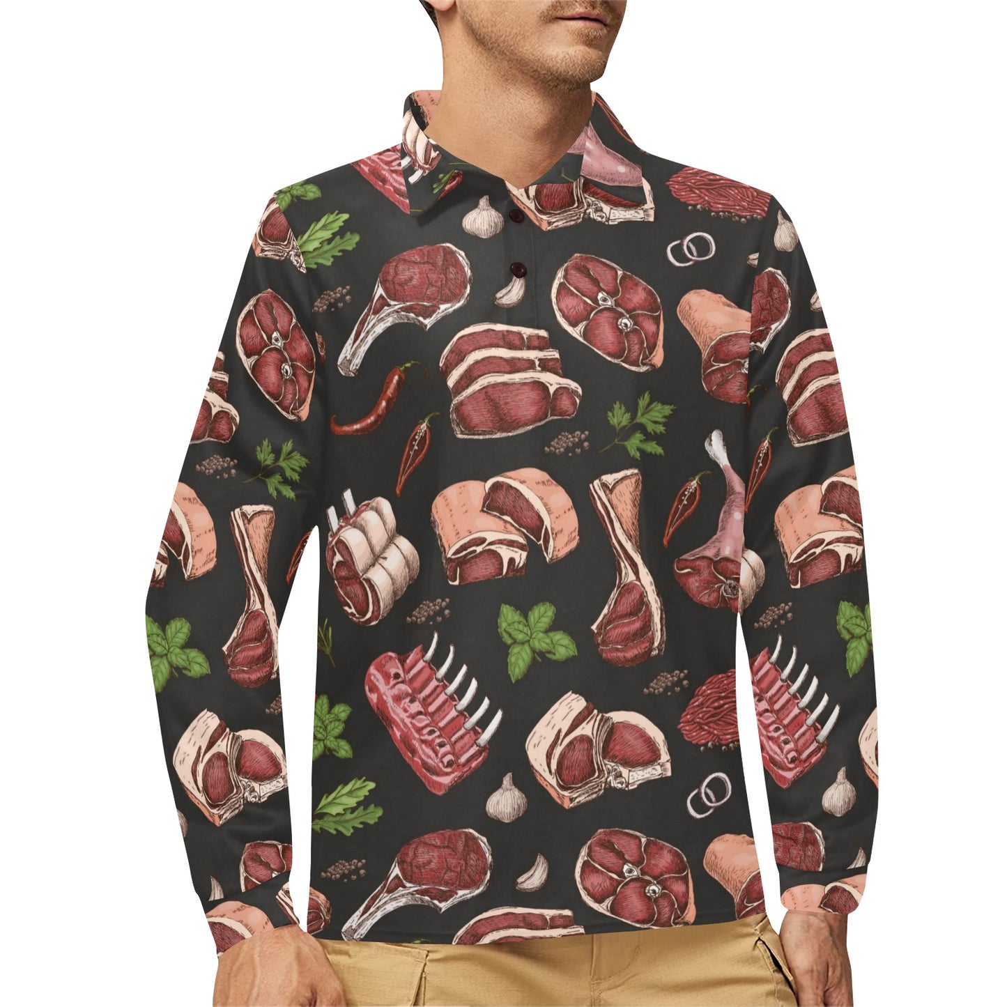 Meat Pattern Print Design 02 Long Sleeve Polo Shirt For Men's