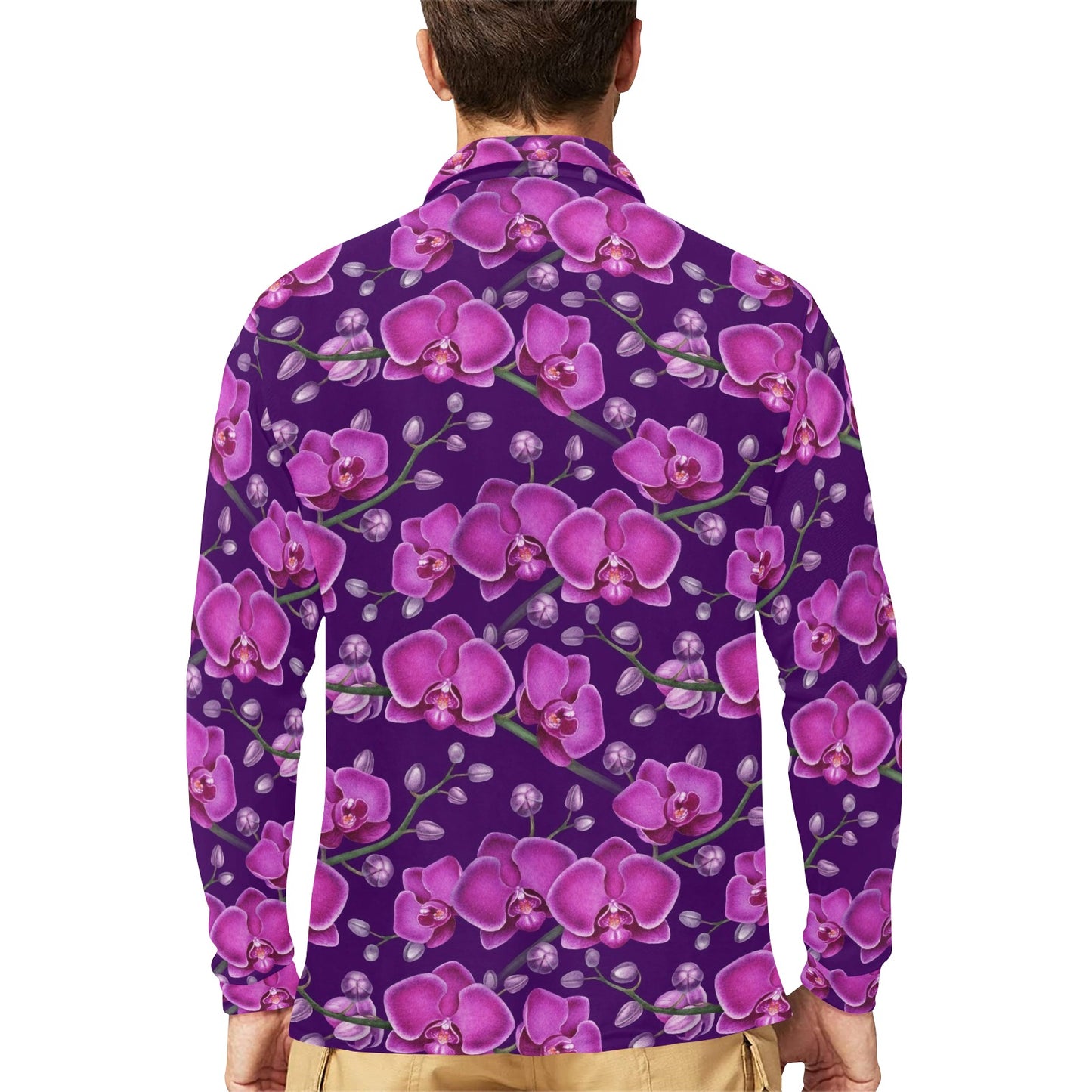 Orchid Purple Pattern Print Design OR02 Long Sleeve Polo Shirt For Men's
